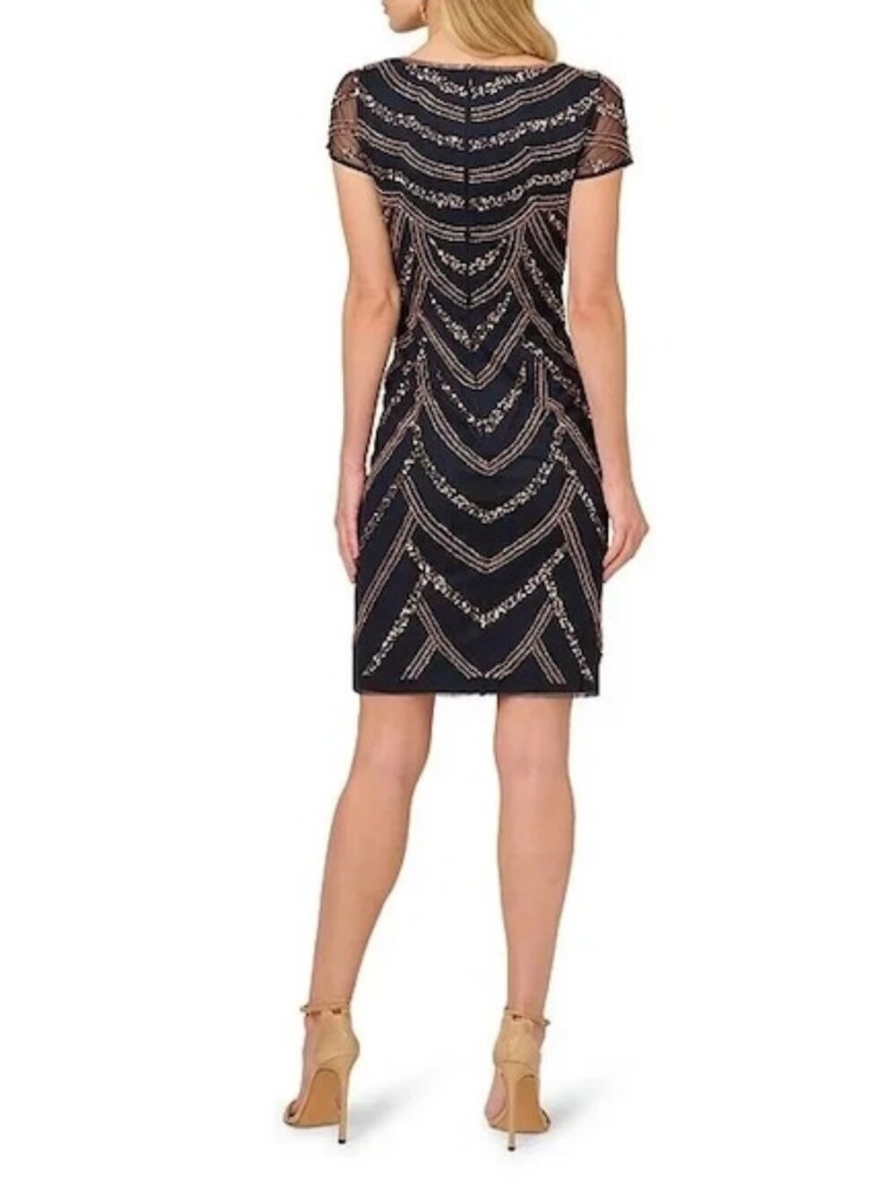 Adrianna Papell Navy Blue Rose Gold Beaded Cap-Sleeve Sheath Dress
